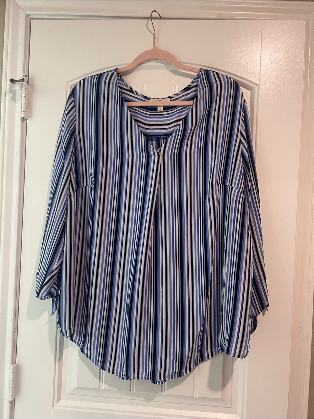 Vertical Striped V-Neck Women's Blouse in Blue & White